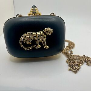 Black Leopard Rhinestone Clutch Gold Chain Evening Bag Glam Statement